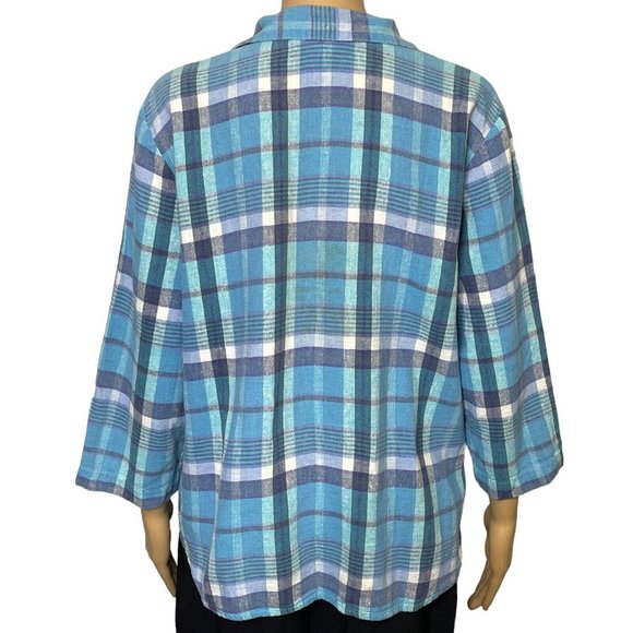 Jordan Womens XL Linen Blend Blue Plaid 3/4 Sleeve Button Up V-Neck Blouse Shirt - Picture 7 of 9